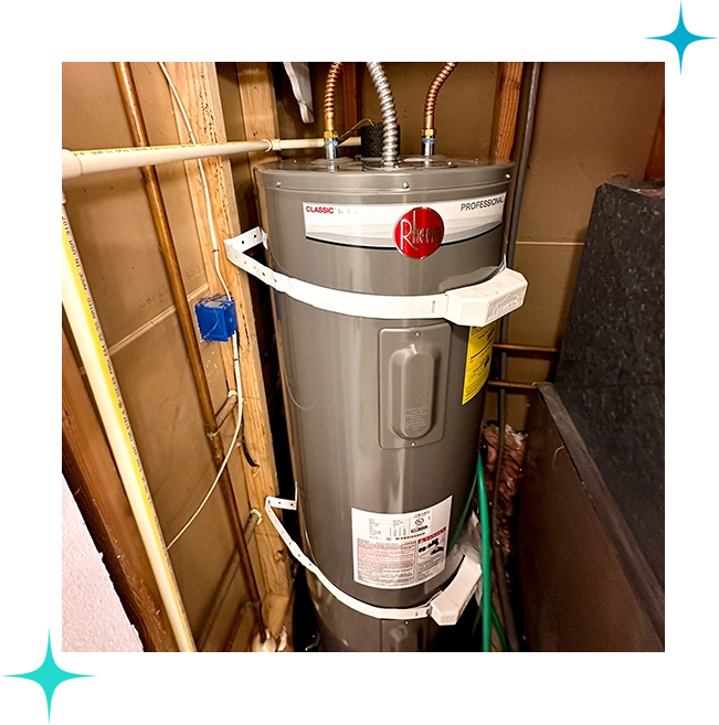 A water heater is sitting in the corner of a room.