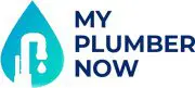 A blue and white logo with the words " my plumber now "